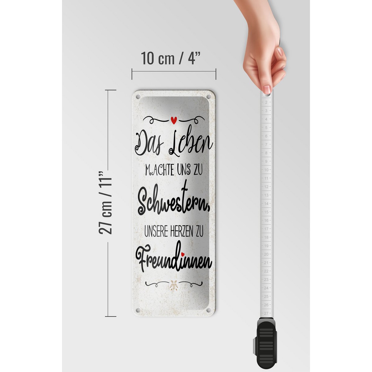 Blechschild Spruch 27x10 cm Schwestern unsere Herzen machen uns zu Freundinnen