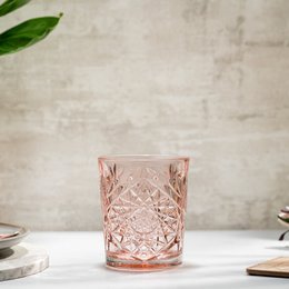 A set of 6 pink crystal-cut water glasses, each measuring 355 ml in volume. The glasses feature a classic hobstar pattern with intricate designs, making them a stylish addition to any table setting.
