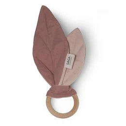 Teething ring with soft, fabric leaves in various muted colors including pink, brown, and mint. Wooden ring for baby to safely chew on and explore textures.