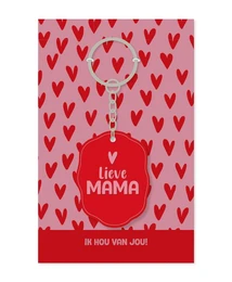  Red heart pattern keychain with "Lieve Mama" text, gift for mother, Dutch sentiment charm.