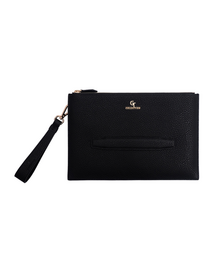 Men's Leather Hand Bag - Black with golden details
