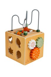  Wooden activity cube with various shapes, textures, and colors for sensory play and exploration. Includes geometric shapes, leaves, and other natural elements.