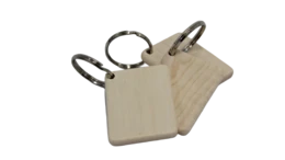 Rectangular wooden keychain, 5x4x0.7 cm in size, with a metal ring for attaching to keys.
