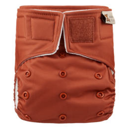 Washable day diaper in terra color. Made of soft, absorbent material with adjustable snaps for a comfortable fit.