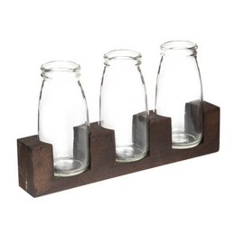 A set of 3 glass vases with wooden stands, featuring a variety of colorful flowers in a rustic, farmhouse-style display.

The image shows a set of 3 glass vases with wooden stands, displaying a variety of colorful flowers. The vases have a simple, cylindrical shape and are placed on a wooden stand. The flowers include white daisies, orange and purple chrysanthemums, and other vibrant blooms, creating a rustic, farmhouse-style arrangement.