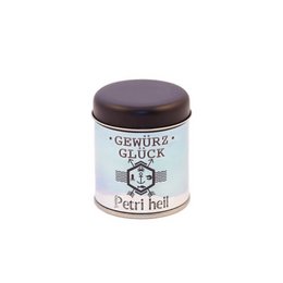 A small round tin container with a brown lid, labeled "Gewürz Glück" (Spice Luck) in German. The container appears to contain a seasoning or spice blend.