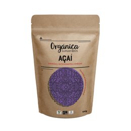 Organic açaí powder, 100g. Purple superfood powder with nutritional information.
