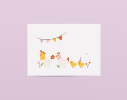 Colorful birthday card with chickens, flowers, and party flags. Suitable for a birthday celebration.