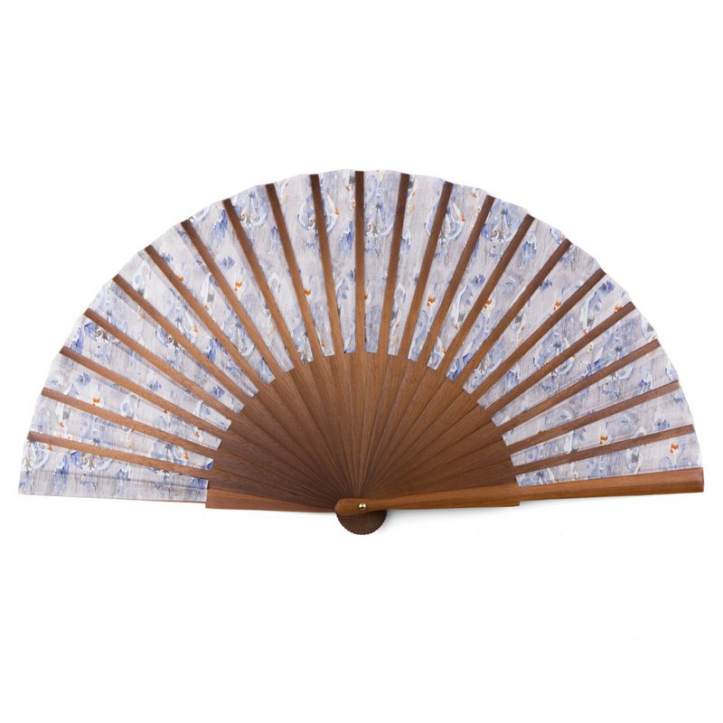 Handcrafted Silk Fan with Blue Ikat Pattern