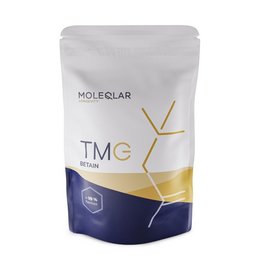 Betain (TMG) Pulver is a dietary supplement product. The package contains 120g of the powder, available in 5 pack, 1 pack, and 2 pack variants. The product packaging features a white and blue design with the Molecular logo.