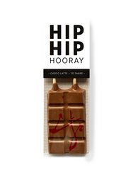 Chocolate gift set with two chocolate bars in a "Hip Hip Hooray" packaging. The chocolate bars feature a rich, dark chocolate color and appear to be made of high-quality ingredients.