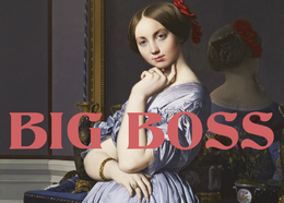 Postcard featuring a woman in a blue dress with red accents, sitting in a chair against a dark background. The text "BIG BOSS" is prominently displayed.