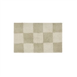  Small chess-patterned area rug in neutral tones.