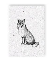 A black and white illustration of a sitting wolf on a textured white background.