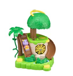  A colorful jungle-themed playset with a large green tree, palm trees, and various animal figurines including a spider web and a koala.