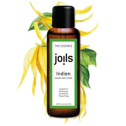A 100ml bottle of Joils Indian essential oil, featuring a black bottle with a yellow and green label. The oil is described as having a natural, earthy scent with notes of citrus and floral.