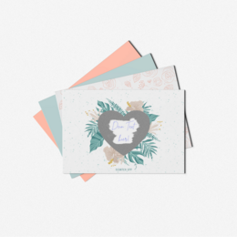 DIY scratch-off postcards with heart-shaped designs and tropical leaf accents, perfect for love cards and messages.