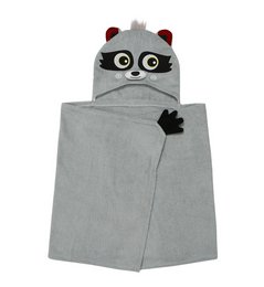 Gray hooded kids bath towel with raccoon design, featuring a large raccoon face with big eyes and red ears.