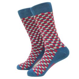 Colorful patterned socks with a square 3D design in various sizes and color combinations.