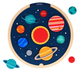 Solar system puzzle with colorful planets, wooden round board, educational space theme, bright colors.