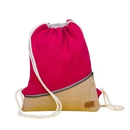 A red backpack with a drawstring closure and tan accents. The backpack has a simple, casual design.