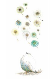 A set of white and green dandelion-like flowers floating above a small bird. The flowers have a delicate, ethereal quality, with hints of blue and green accents.