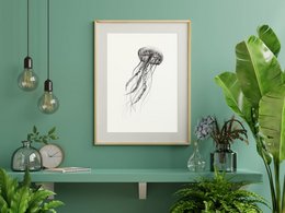A black and white sketch of a jellyfish with intricate tentacles, suitable for a poster or wall art.
