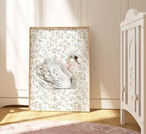 Swan with pink bow poster, vintage swan poster, Pink bow print, girls bow poster, pink girls room poster, girls nursery poster