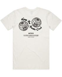 White unisex t-shirt with graphic print of two globes and text "Keep it Cool" and "World Tour Club".