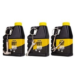 Black and yellow canister-shaped body wash with a keychain attachment, designed for men.