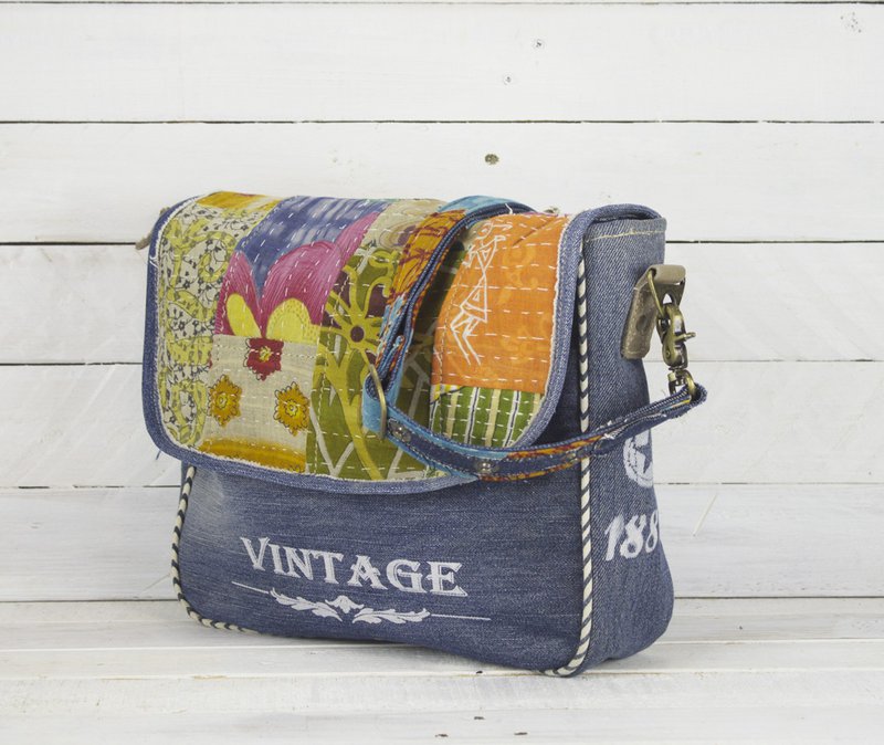 Bolso de hombro sostenible de mujer Sunsa. Bolso de hombro hecho de tela de jeans y sari reciclados (lienzo). Bolso estilo retro vintage. Bolso bandolera para mujer.
