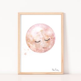 'A whimsical watercolor illustration of a smiling moon in soft pink and peach tones, perfect for a child's room or nursery decor.'

The image depicts a whimsical watercolor illustration of a smiling moon in soft pink and peach tones. The moon has a serene, peaceful expression with closed eyes. This artwork would be suitable for decorating a child's room or nursery, adding a touch of whimsy and warmth to the space.