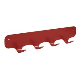 A red, industrial-style wall coat rack with 4 hooks for hanging coats, jackets, or other items.
