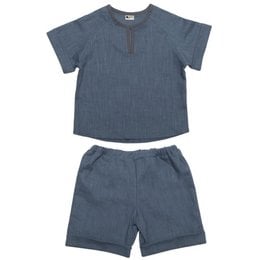 Linen t-shirt and shorts set in blue, made of organic BIO linen, in a BOHO LEO style, size S for baby clothing.