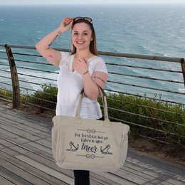 Sunsa grote dameshandtas. XXL tas gemaakt van canvas en leer. Strandtas/weekendtas in maritiem motief.