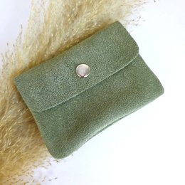 Olive green suede mini wallet, small compact clutch with snap button closure, soft material.