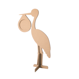 Cardboard stork toy in neutral colors, featuring a simple, minimalist design with a tall, slender body and a long beak.