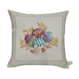  Decorative cushion cover with colorful gobelin-style embroidered Easter eggs and floral elements.