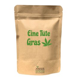 A bag of grass (lawn seeds) for the garden. The product is packaged in a brown paper bag with the text "Fine Turf Gras" and a cannabis leaf icon, indicating it is a product related to grass or lawn care.