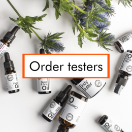 Free samples of face oils, including essential oils and natural ingredients.