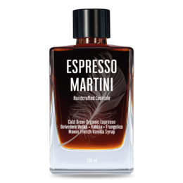 A dark, rich espresso martini cocktail made with vodka and coffee liqueur, served in a glass with a creamy foam topping.