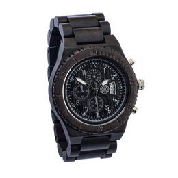 Black chronograph watch with stainless steel case and bracelet.