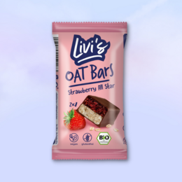 Organic strawberry oat bar with chocolate coating. Made with wholesome ingredients like oats, strawberries, and organic chocolate.