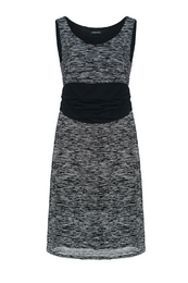Sleeveless knit dress, gray heathered texture, black belt cinch waist, knee-length, casual elegant style.