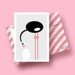 Minimalist postcard design featuring a stylized ostrich illustration in black and white with pink accents. The postcard is part of a Dutch design collection and is made from FSC-certified materials.