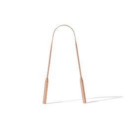 Copper tongue scraper with a long, slender handle for effective oral hygiene.