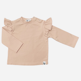 Long sleeve ruffle crepe baby shirt in beige color. Features ruffled detailing on the shoulders. Available in sizes 50/56 to 110/116.