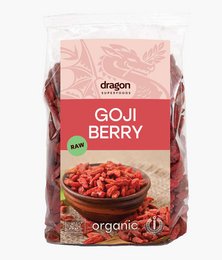 Organic dried goji berries, 100g, from Dragon Superfoods. Vibrant red color, chewy texture, and a sweet, slightly tart flavor. High in antioxidants and nutrients.