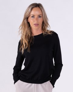 Women's sweater black merino long sleeve with round neck - BARCELONA