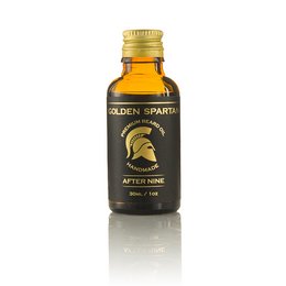 Premium beard oil in amber glass bottle with black and gold label featuring a Spartan helmet logo. Designed to condition and nourish facial hair.